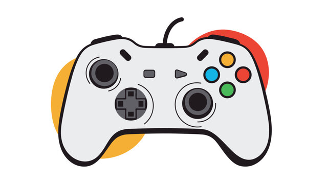 Modern white video game controller features colorful buttons and dual joysticks on a background with warm yellow and red circles.