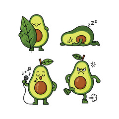 Cartoon Avocado Characters with Different Emotions and Actions