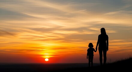Obraz premium Mother holding daughter's hand silhouetted against vibrant sunset sky with clouds, enjoying serene outdoor moment together, symbolizing love and connection
