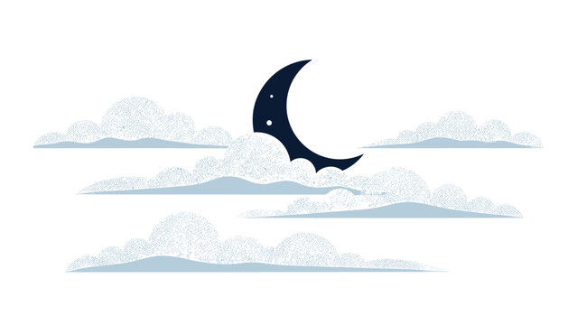 Stylized crescent moon shining through soft stippled blue clouds in a dark night sky background vector illustration.