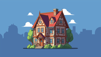 Fototapeta premium Large traditional two story house with red roof and chimney with city skyline silhouette in the distant background.