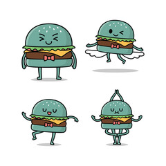 Cartoon burger characters dancing with different emotions on white background