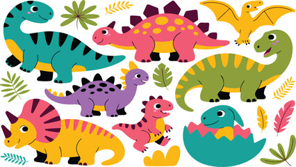 Cartoon Dinosaur Vector Set – Cute Baby Dino Triceratops and Brontosaurus Characters © MDABU