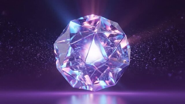 A dazzling multifaceted crystal object glows with vibrant purple and blue light