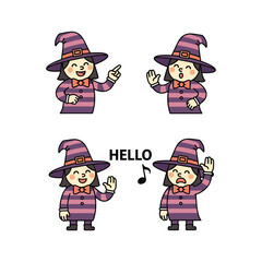 Cartoon witch character greeting with different gestures in purple striped costume