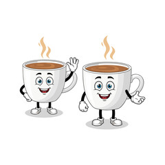 Cartoon coffee cups waving and greeting with steam on white background
