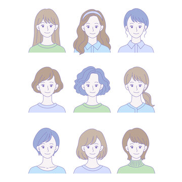 さまざまな髪型の女性アイコンセット（笑顔）