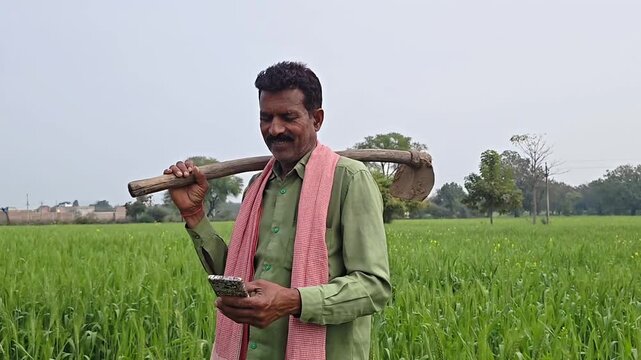 Rural indian farmer carrying hoe on shoulder while using smartphone in wheat agriculture field