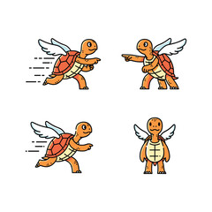Flying Turtle Character in Different Actions with White Wings