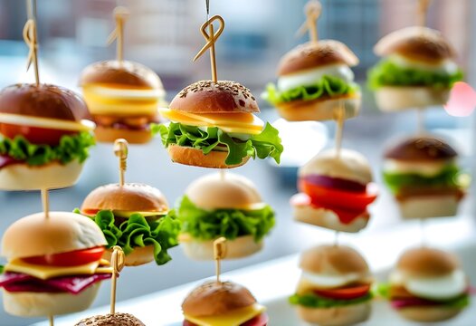 Assorted mini burgers with lettuce, tomato, cheese on toothpicks displayed on a glass surface