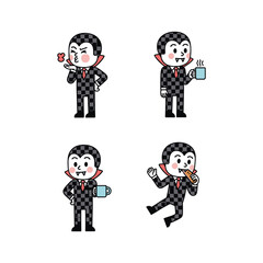 Cartoon vampire characters in various poses with coffee cups and accessories