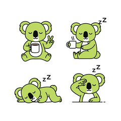 Cute cartoon koala sleeping and relaxing with coffee and peace signs