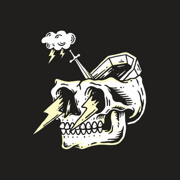 Vintage Surreal Skull Illustration with Coffin Sword and Lightning
