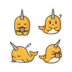 Cute cartoon narwhal expressing different emotions and actions with simple design © JAHIDUL STOCK