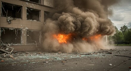 Devastating Explosion Engulfs Building, Flames and Smoke Billowing Outward