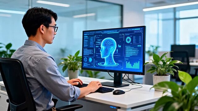 Man working on computer with digital head model