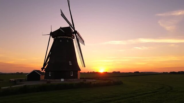 A traditional windmill silhouetted against a radiant sunset over a field of green