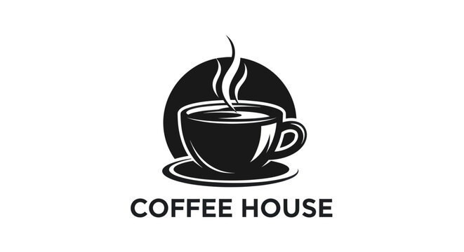Black and White Coffee House Logo with Steaming Cup and Saucer