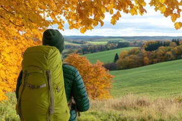 Traveler photographing scenic autumn landscape