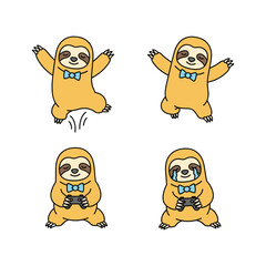Cartoon sloth character showing different emotions with blue bow tie on white background