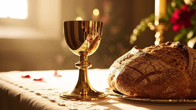 A golden chalice and loaf of bread on a table in a church during a religious ceremony with flowers and candle in the background