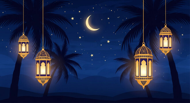 Hanging Ramadan lanterns with night palm trees