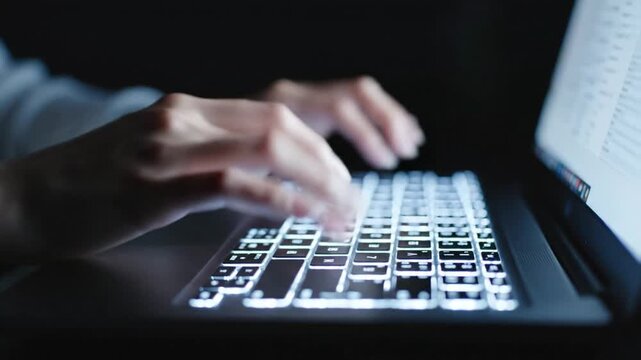 Glowing keyboard with user's hands typing in low light. Display is visible, the light makes the keys glow