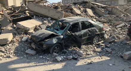 Fototapeta premium Devastated car amidst rubble after earthquake, shattered windshield and open door.