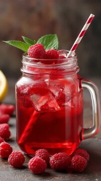 Refreshing raspberry lemonade in mason jar with ice and mint on rustic background, concept of summer refreshment