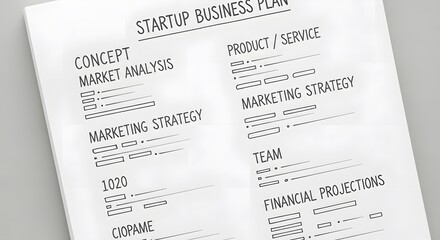 Fototapeta premium Startup business plan document on desk with market analysis and financial projections sections