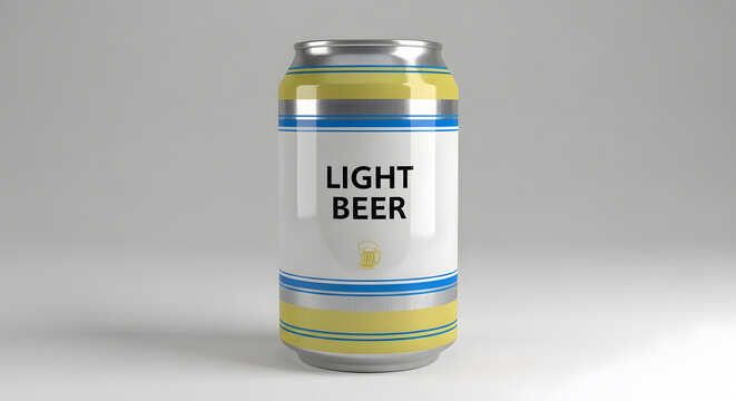 3D render of a generic aluminum light beer can with blue and yellow stripes