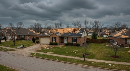 Fototapeta premium Tornado Damage: Suburban Home with Roof Torn Away Under Ominous Sky