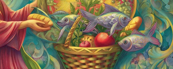 Fototapeta premium A colorful, detailed painting shows hands offering fish toward a basket filled with fruits and vegetables, symbolizing abundance and sharing.