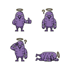 Cartoon bird character with halo expressing different emotions on white background