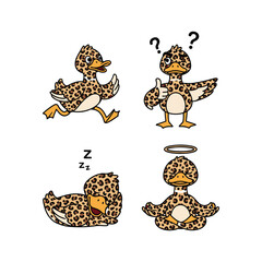 Cartoon leopard duck in various emotional states with copy space