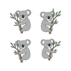 Four cartoon koalas hugging eucalyptus branches in a minimalist style