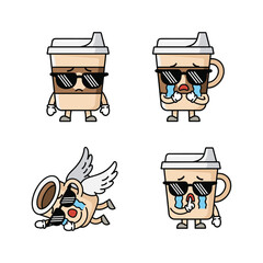Cartoon coffee cups with sad emotions and sunglasses on white background