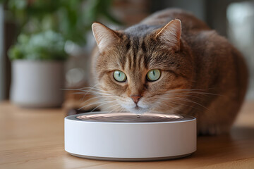 Cat looks closely at a device on a wooden table in a home setting during the day