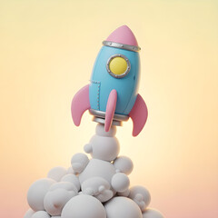 A whimsical cartoon rocket ship blasting off with fluffy white smoke