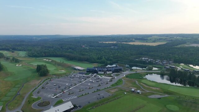 Aerial drone view of TPC Toronto at Osprey Valley Golf Course in Alton, Caledon, Ontario, venue of PGA Canadian Open and home of Golf Canada, surrounded by fairways and countryside