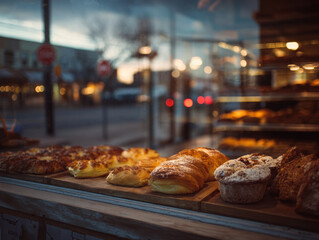 Sunrise bakery window display with assorted regional pastries and warm morning glow creating inviting atmosphere