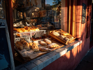 Sunlit bakery window display with assorted regional pastries and croissant on tiled ledge exuding warm morning charm