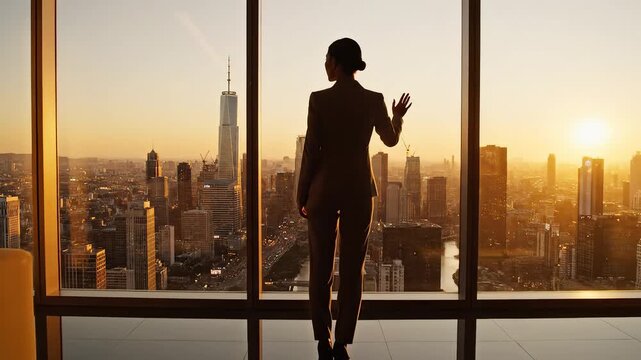 Person in modern office overlooking city skyline