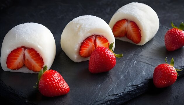 strawbery ichigo daifuku on a dark board