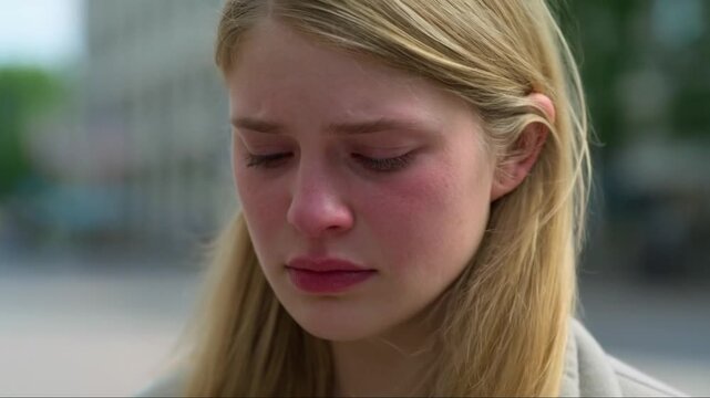 Close-up of a young blonde woman outdoors, pale skin slightly flushed from emotional strain, eyes downcast with visible tear streaks