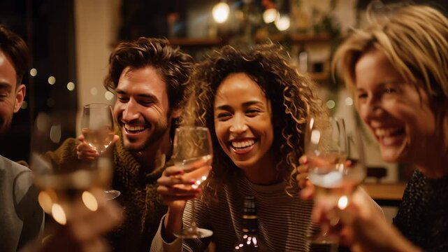 Group of friends raising glasses to celebrate a small personal win, relaxed and candid mood, cozy indoor setting, warm color palette, commercial storytelling