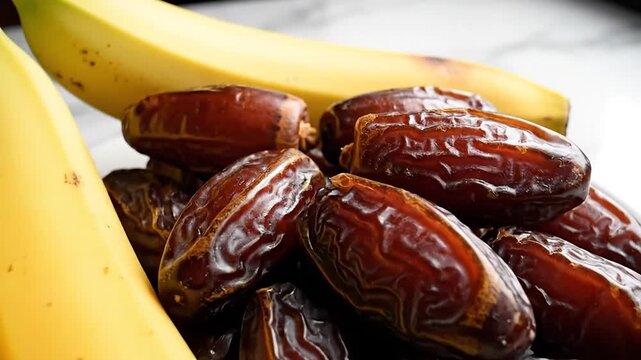 A close-up view of ripe yellow bananas and a pile of sweet brown dates on