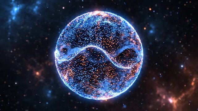 Abstract glowing sphere of blue and orange particles pulsating in space