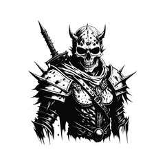 Black and white illustration of a skeleton knight skull with helmet vector art hand drawn style