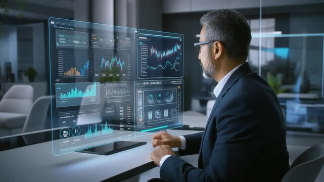 Business professional analyzing financial data on futuristic screens 4K video